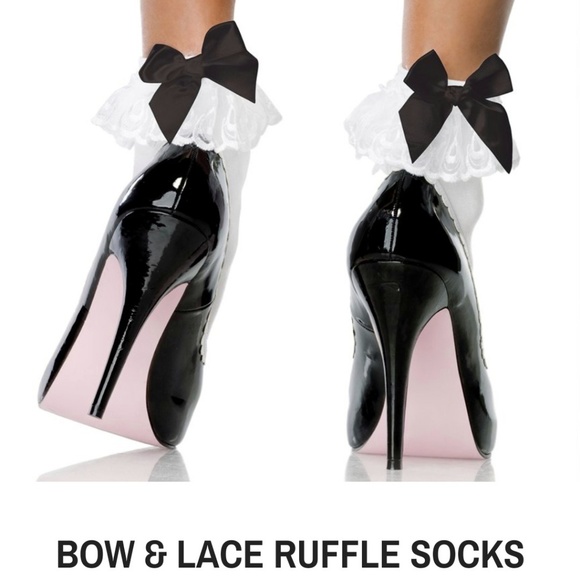 Leg Avenue Accessories - Leg Avenue Bow & Lace Ruffle Socks White Black OS
